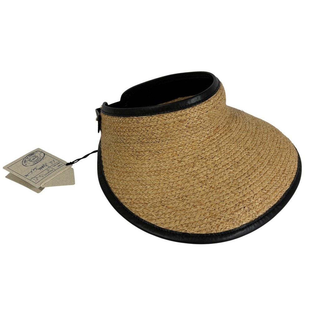Catarzi 1910 Italy Natural Raffia Straw Sun Visor Black Leather Trim Hat